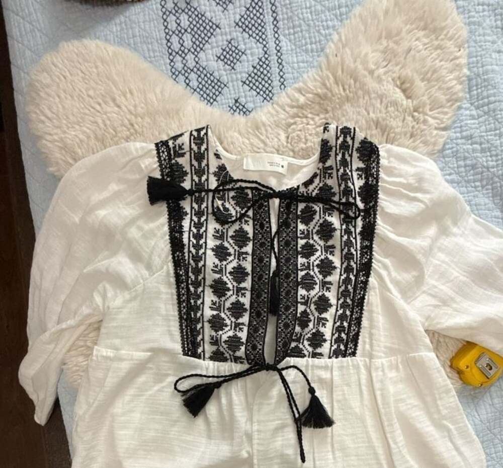 Zara Embroidered Boho Blouse Size M White Black Tassel